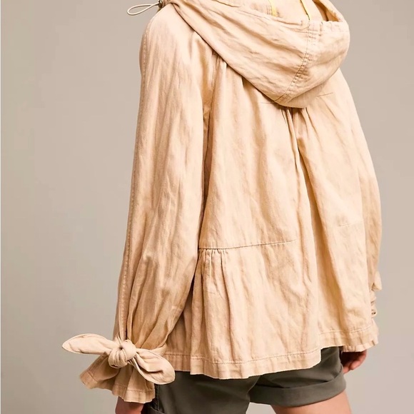 Anthro Hei Hei Khaki Tiered Swing Neon Yellow Mesh Accented Tie Cuff Trench Coat - Picture 6 of 16